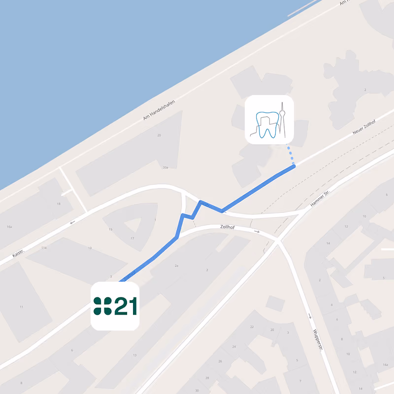 Karte mit Wegbeschreibung Zahnarztpraxis Medienhafen zu Dental21